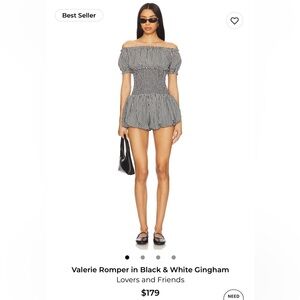 Lovers + Friends Gingham Puff Sleeve Mini Romper in Black & White